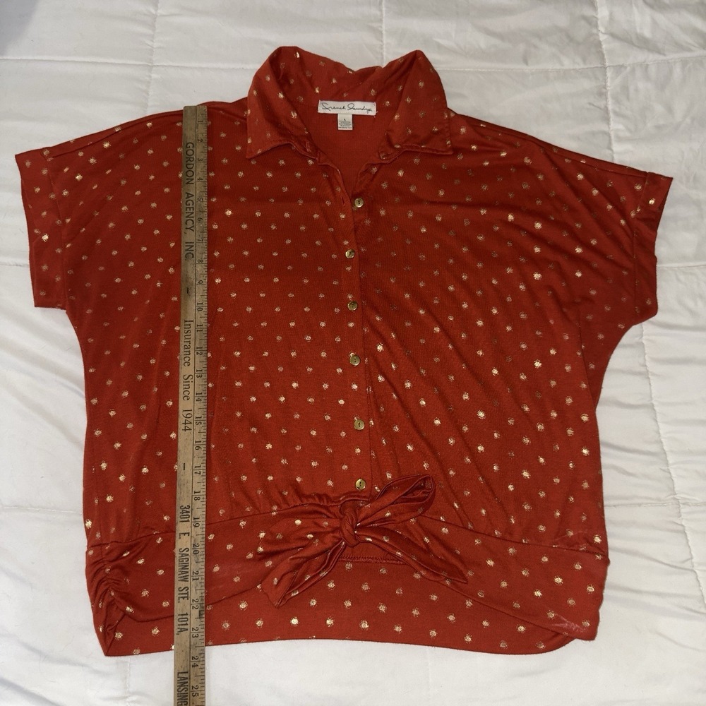 French Laundry Women's Large Rusty Red Gold Polka Dot Blouse Tie Crop Flowy Cute